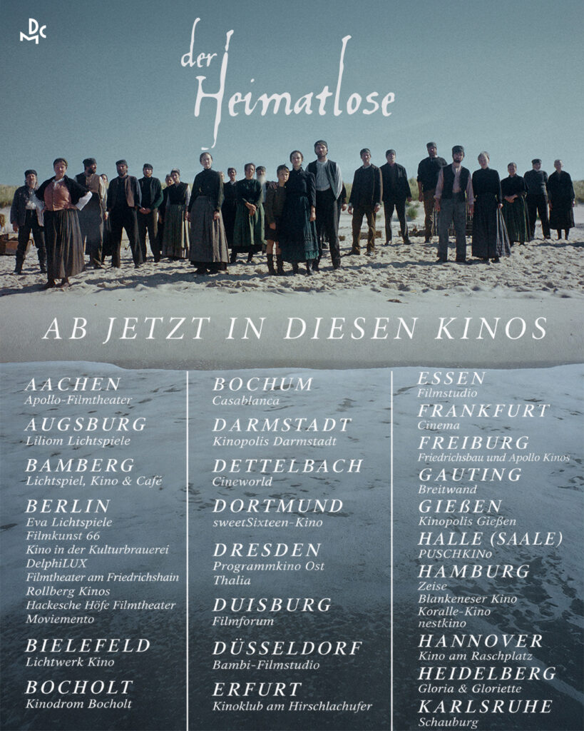 Kinoliste für den Film „Der Heimatlose“ zum Kinostart am 27. August 2026, Teil 1 mit Kinos von Aachen bis Karlsruhe.